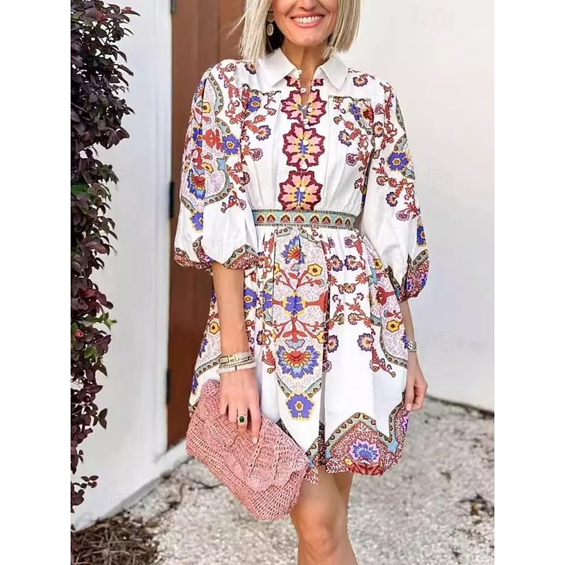 Women's Mini Dress Petite Dress Casual Dress A Line Dress Boho Dress Stylish Casual Vacation Party Daily Loose Fit Floral 3/4 Length Sleeve Shirt Collar White Summer Spring Fall4