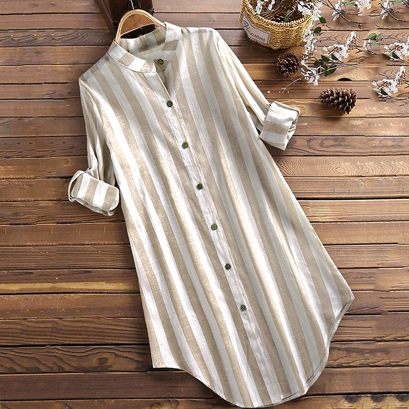 Women's Mini Dress Shirt Dress Casual Dress Summer Dress Stylish Casual Vacation Daily Date Regular Fit Stripe Long Sleeve V Neck Black Pink Blue Khaki Summer Spring3
