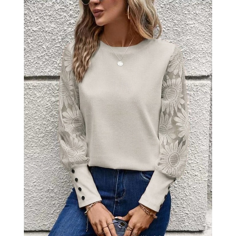Women's White Elegant Lace Tops Eyelet Blouse Dressy Tops Elegant Lace Buttons Long Sleeve Crew Neck Daily Romantic Petite Tops Summer Holiday Wear Pink Khaki Summer Semi Formal Blouses4