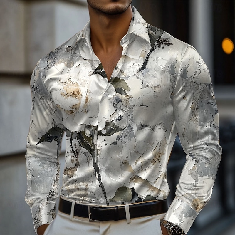 Men's Floral Print Flowers Satin Shirt Dress Shirt Button Up Shirt Long Sleeve Fashion Casual Vacation Evening Party Wedding Party Summer Spring Turndown Collared Shirts 3D Print Gray
