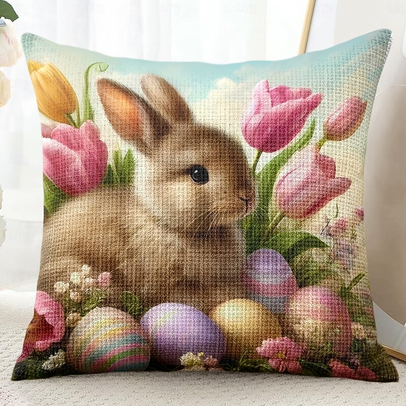 Easter Decorative Toss Pillows Cover 1PC Bunny Eggs Soft Square Couch Cushion Case Pillowcase for Bedroom Livingroom Sofa Chair2