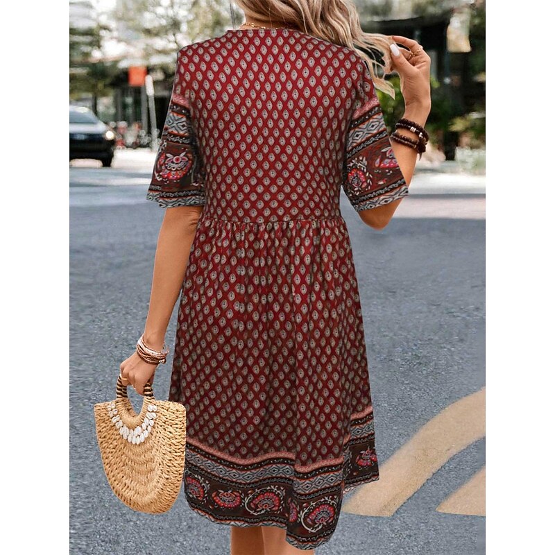 Women's Mini Dress Petite Dress Casual Dress Ethnic Dress T Shirt Dress Tee Dress Boho Dress Vintage Ethnic Casual Vacation Daily Regular Fit Paisley Short Sleeve V Neck Wine Blue Summer4