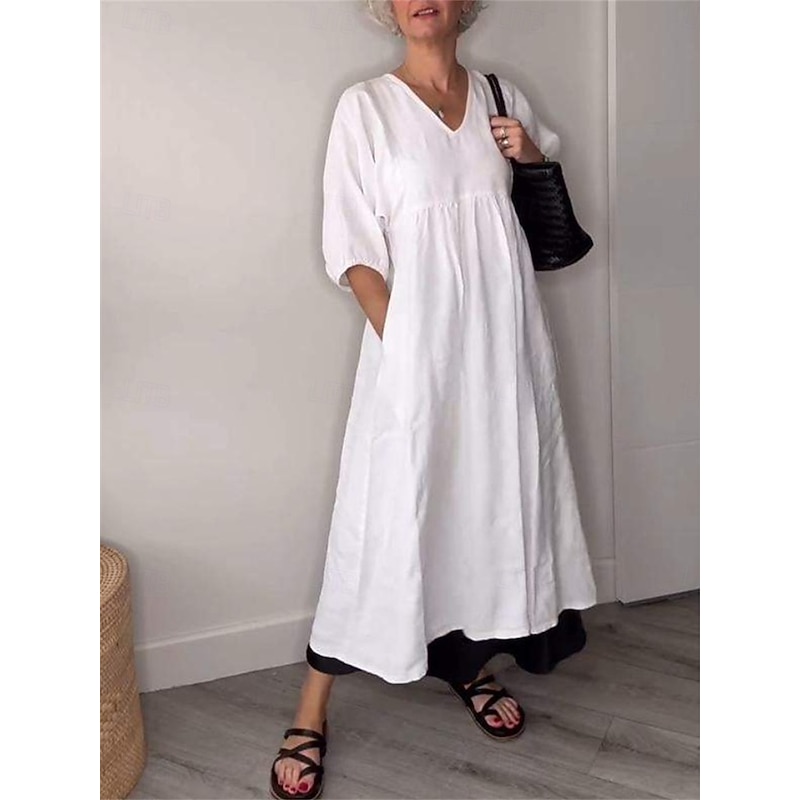 Women's Midi Dress Linen-Inspired Dresses Casual Dress Elegant Stylish Casual Vacation Daily Regular Fit Plain 3/4 Length Sleeve V Neck Black White Blue Gray Spring Fall