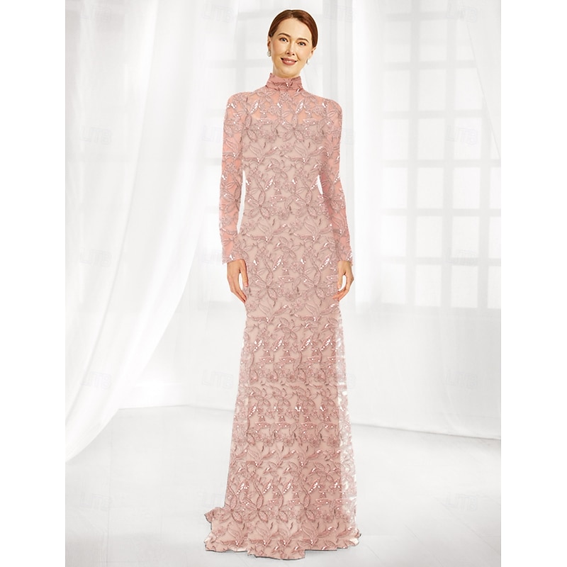 Sheath / Column Mother of the Bride Dress Elegant Simple Minimalist Mock Neck Floor Length Tulle Long Sleeve with Floral Lace Applique