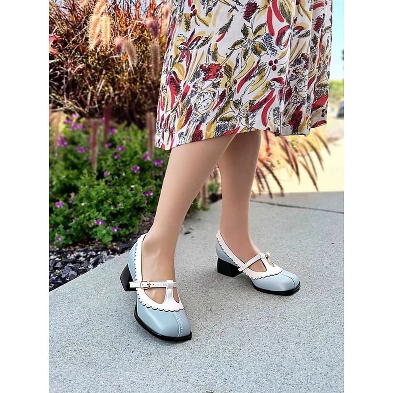 Women's Blue T-Strap Mary Jane Heels with Scalloped Edges and Chunky Block Heel – Cute and Stylish Shoes for Casual and Work Wear4