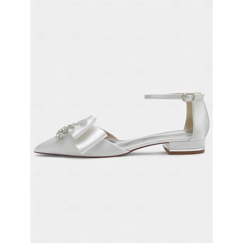 White Satin Pointed-Toe Heels with Rhinestone Bow and Ankle Strap - Perfect Bridal Shoes for Weddings3