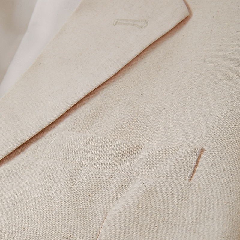 Men's Beach Wedding Linen Suits Notch Lapel Beige Solid Colored Tailored Fit 2 Piece Single Breasted One-button3