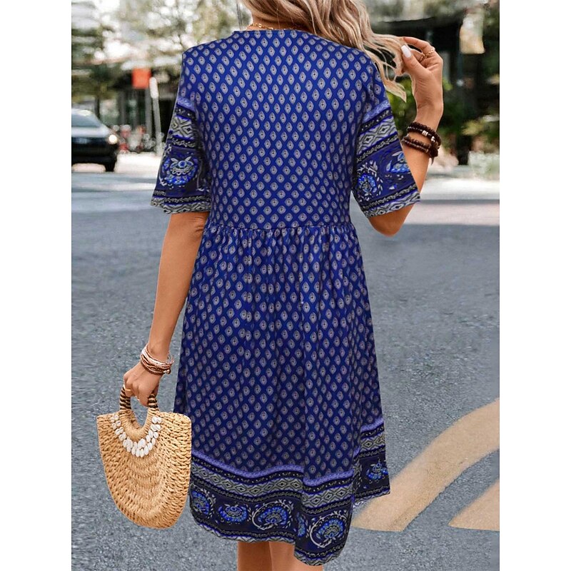 Women's Mini Dress Petite Dress Casual Dress Ethnic Dress T Shirt Dress Tee Dress Boho Dress Vintage Ethnic Casual Vacation Daily Regular Fit Paisley Short Sleeve V Neck Wine Blue Summer2