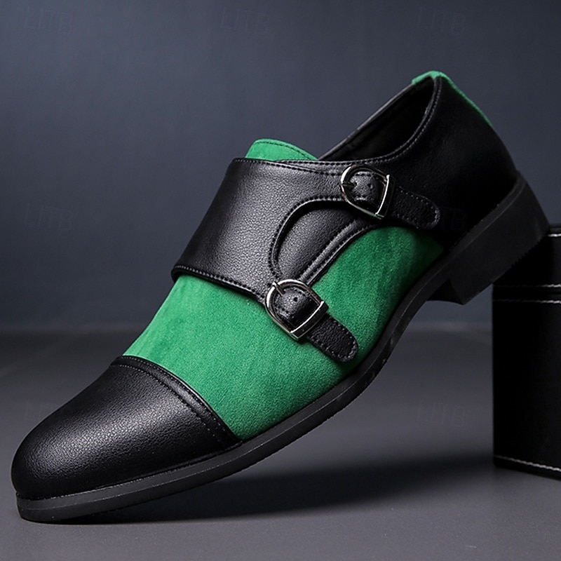 Men's Green and Black Suede Double Monk Strap Shoes – Stylish Faux Leather Formal Dress Shoes for Weddings and Business Occasions