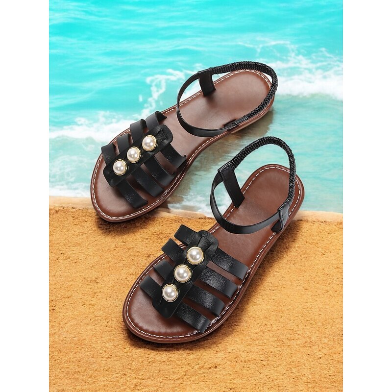 Black Gladiator Sandals with Imitation Pearl Embellishments for Women – Elegant Summer Footwear