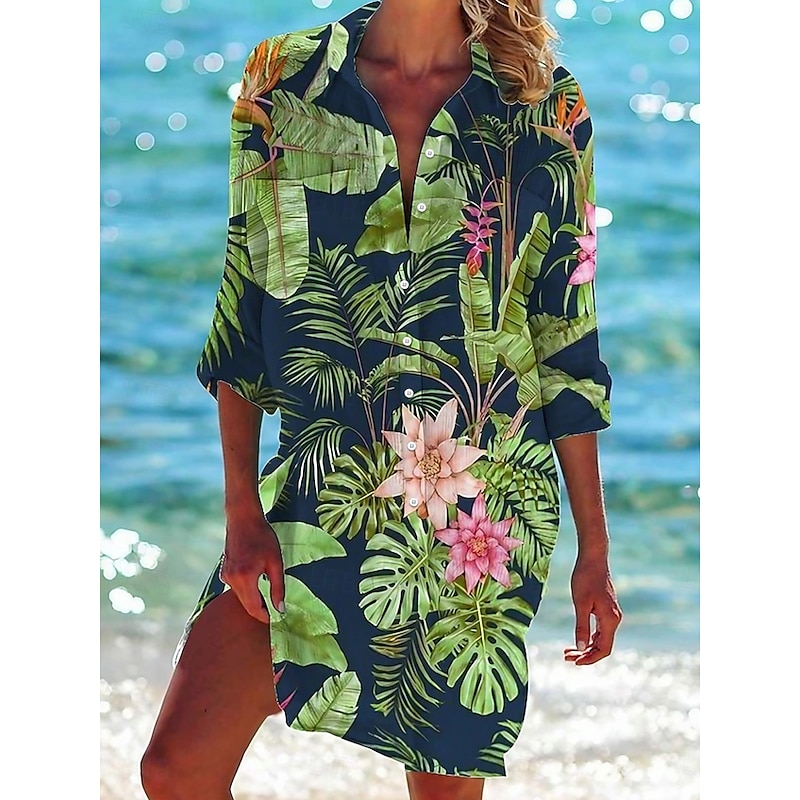 Women's Mini Dress Shirt Dress Hawaiian Shirts  Flowy  Blue Green Animal Floral Pocket Print Long Sleeve Holiday Casual V Neck Long  Summer Holiday Clothes Beach Wear