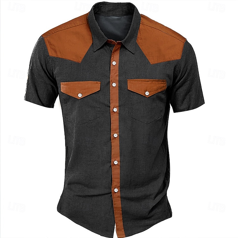 Men's Cow Western Shirt Short Sleeve Western Sports Outdoor Summer Turndown Button Up 2 Pockets Black Blue Beige