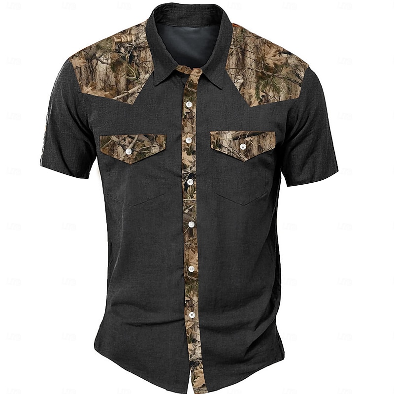 Men's Camouflage Western Shirt Short Sleeve Western Sports Outdoor Summer Turndown Button Up 2 Pockets Black Green Beige3