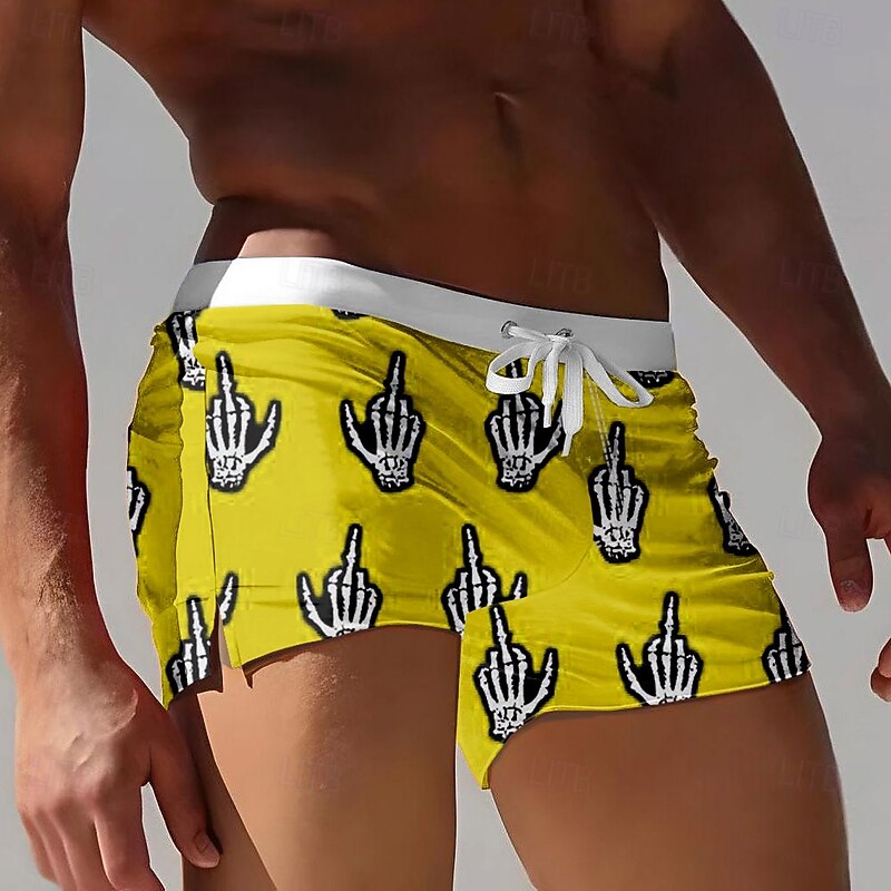 Men's Skull Funny gestures Halloween Costumes Swim Shorts Board Shorts Swimming Trunks Mid Waist 3D Print Hawaiian Surfing Holiday Beach Drawstring with Mesh lining Elastic Waist Designer Clothing3