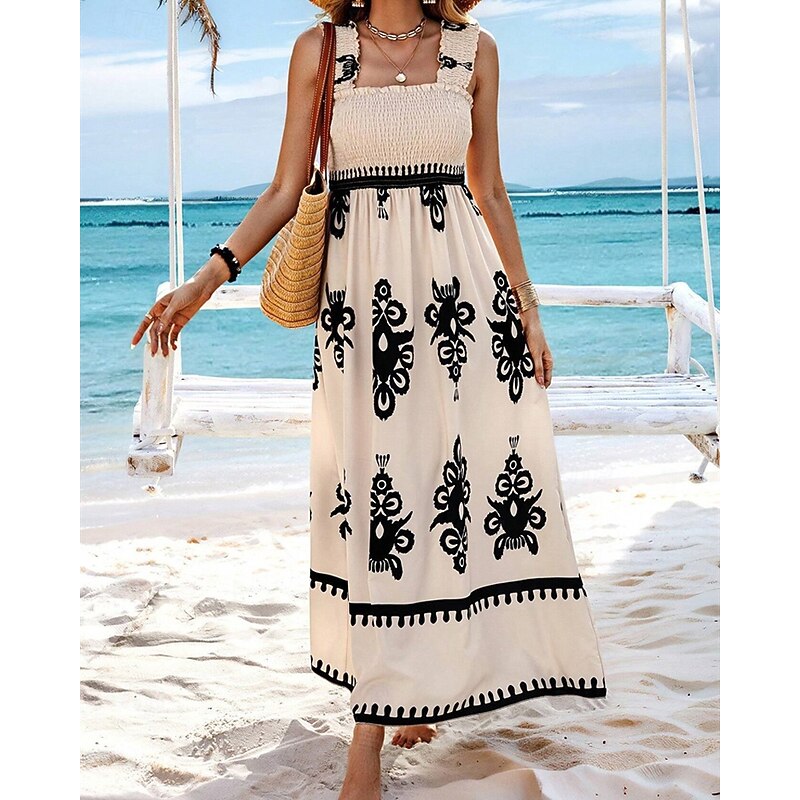 Women's Long Dress Maxi Dress Casual Dress A Line Dress Summer Dress Boho Dress Bohemia Hawaiian Stylish Vacation Daily Date Regular Fit Graphic Sleeveless Square Neck Black Pink Red Green Summer2