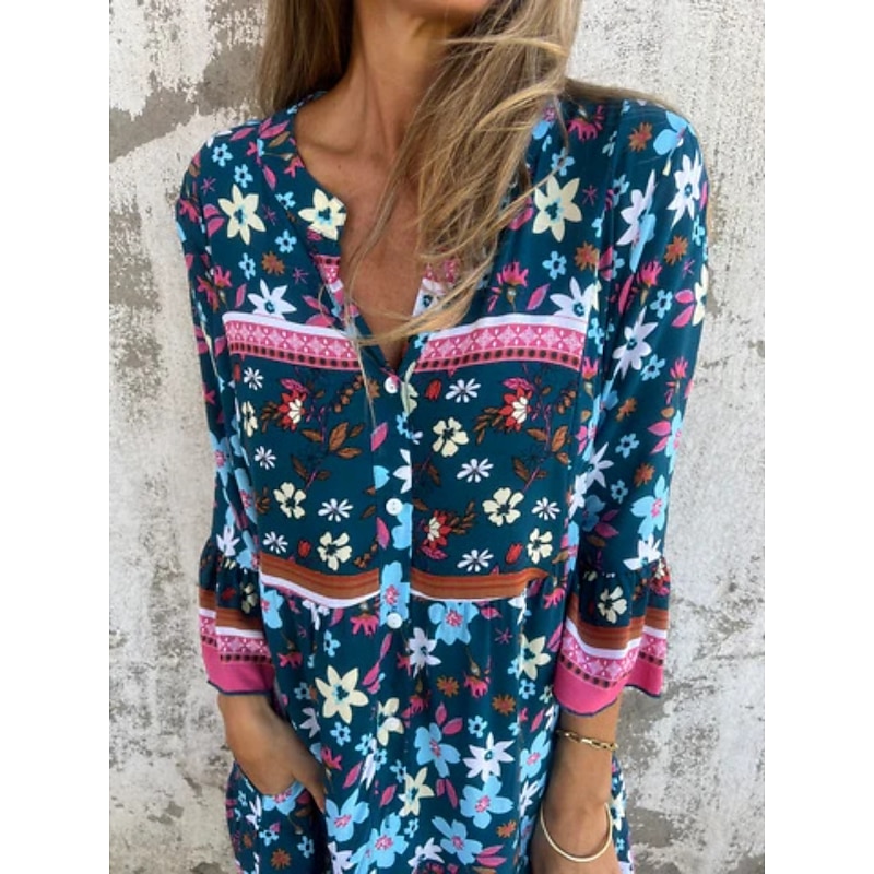 Women's Midi Dress Casual Dress Boho Chic Dresses Bohemia Casual Boho Vacation Daily Beach Loose Fit Floral 3/4 Length Sleeve Shirt Collar Navy Blue Royal Blue Purple Summer Spring3