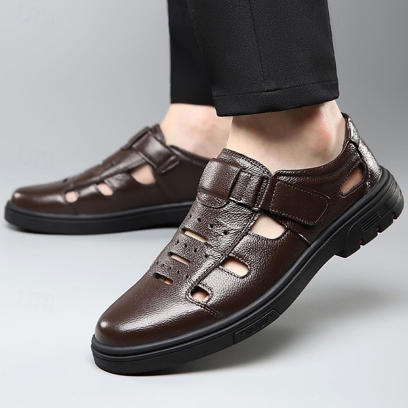 Men's Brown Faux Leather Breathable Fisherman Sandals – Velcro Strap, Casual Closed-Toe Design, Comfortable Summer Footwear for Outdoors and Daily Wear4