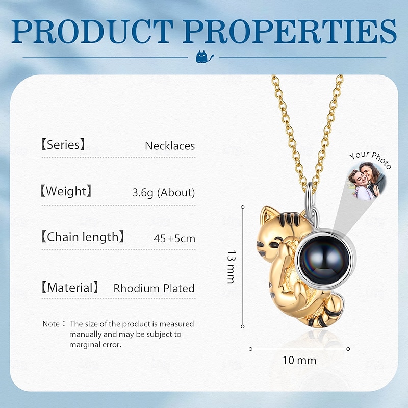 Personalized Photo Projection Necklace Custom Best Gift for Mom Wedding Gift for Lovers Copper Chain with Cat Pendant2