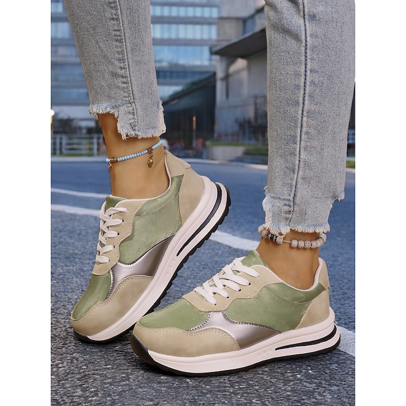 Women's Green Retro Running Sneakers with Metallic Accents – Lightweight and Comfortable Shoes for Casual Wear and Outdoor Activities