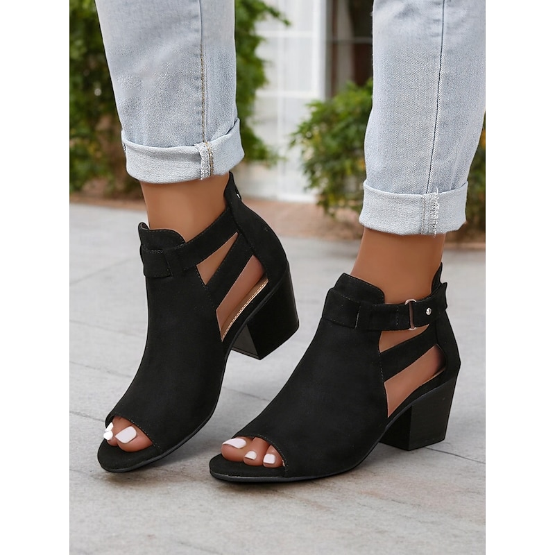 Women's Black Open-Toe Faux Suede Heel Sandals with Cut-Out Design for Work and Evening Wear