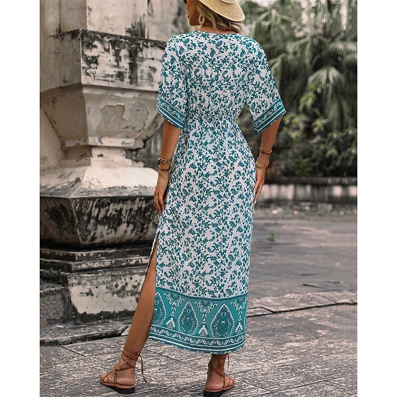 Women's Midi Dress Casual Dress A Line Dress Summer Dress Boho Dress Hawaiian Stylish Vacation Daily Date Regular Fit Floral Short Sleeve V Neck Dark Green Summer2