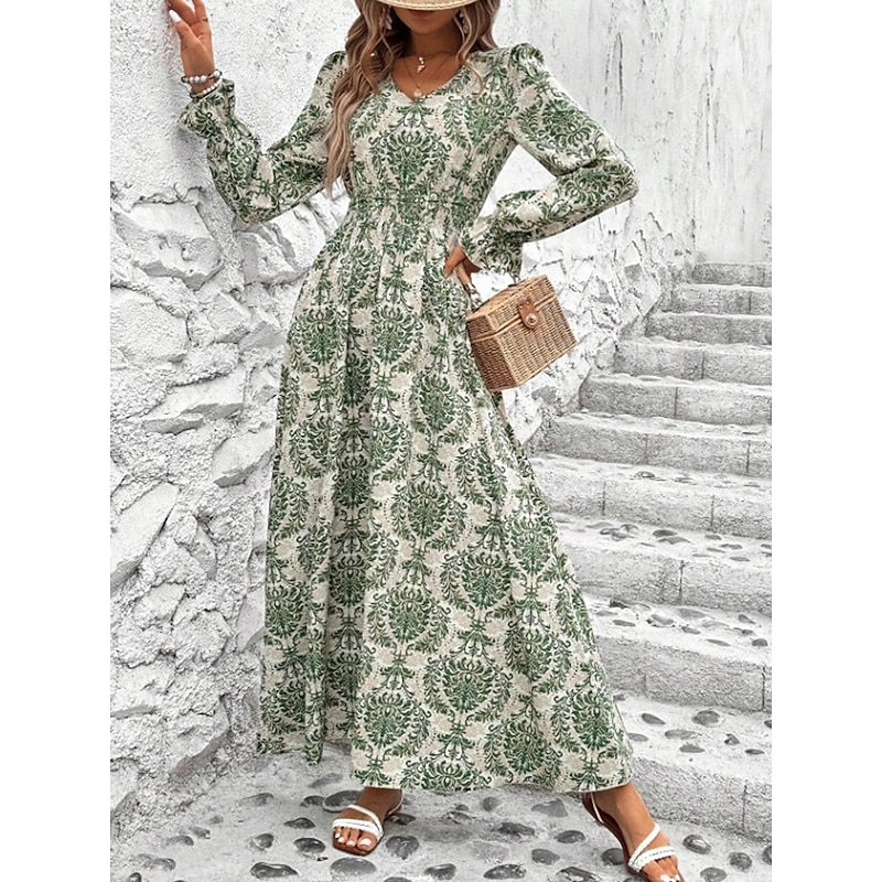 Women's Maxi Dress Boho Chic Dresses Boho Dress Stylish Casual Vacation Daily Regular Fit Floral Long Sleeve V Neck Black Green Khaki Spring Fall2