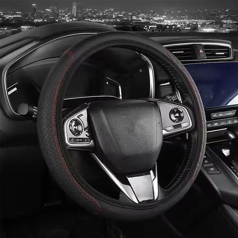 1PCS Car Steering Wheel Cover Fiber Leather Double Circle Without Inner Ring Elastic Band Handle Cover Wear-Resistant Embossed