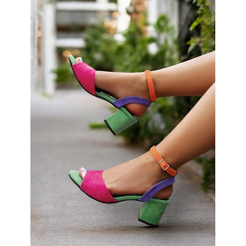 Women's Multicolor Faux Suede Open-Toe Block Heel Sandals with Adjustable Ankle Strap – Trendy and Comfortable for Summer, Parties and Casual Wear4