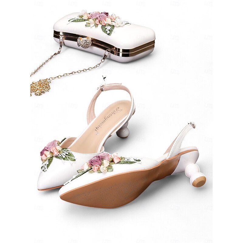 Vintage Floral-Embellished White Kitten Heel Shoes and Matching Clutch Bag Set for Women - Ideal for Weddings and Formal Occasions2