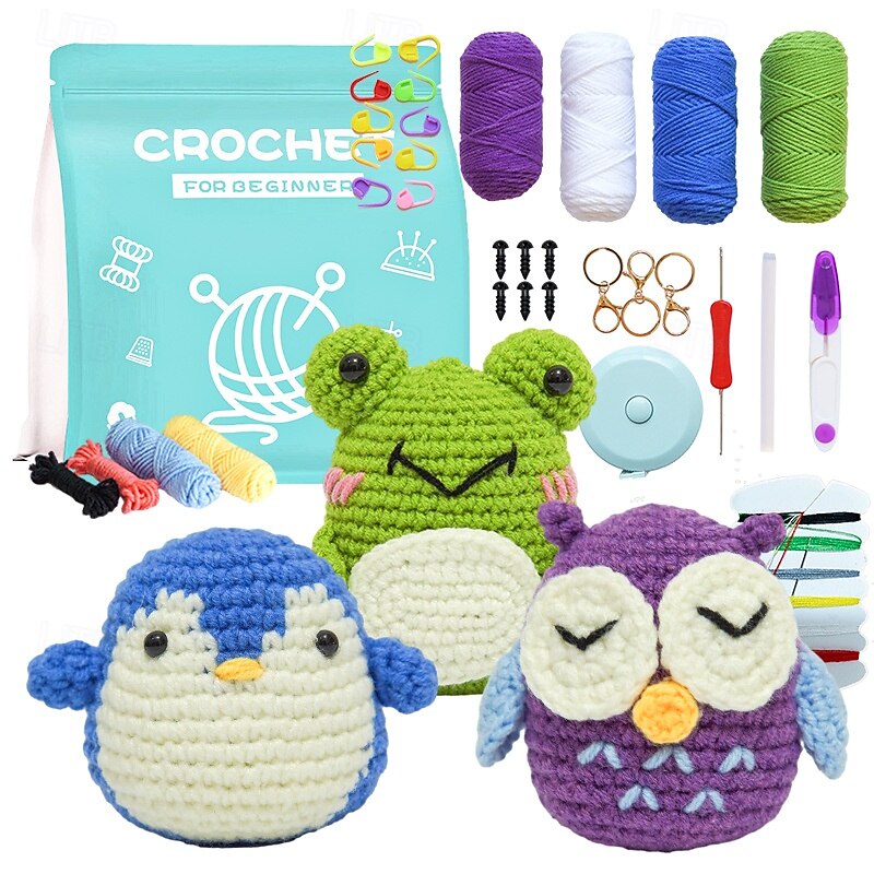 Christmas Crochet Kit for Beginners 3 Pattern Animals-Owl Penguin Frog Knitting Kit for Adult Kids with Step-by-Step Video Tutorials and Yarns Hook Accessories
