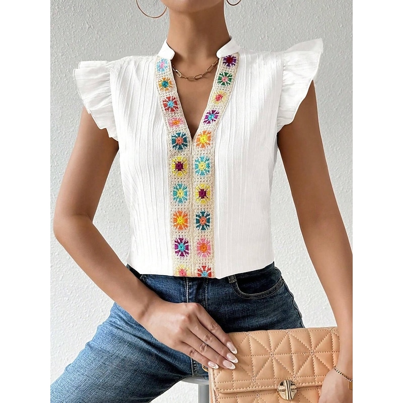 Women's Shirt Blouse Solid Color Stylish Casual Sleeveless Notched Neck Regular Tops Daily Embroidered White Summer3