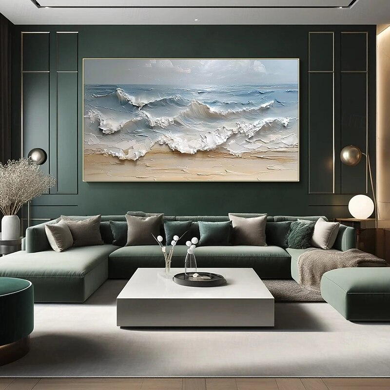 Original White Ocean Oil Painting Wave Art Beach Abstract Painting White Wall Art Brown 3D Texture Painting Brown Beach Wall Art Modern Pastel Room Decor4