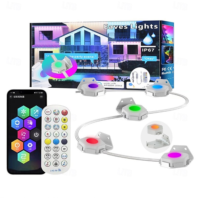 LED String Downlights Eternity Lights Permanent Eaves Lights Outdoor Lights with WIFI App & Remote RGBIC Smart Eaves Lights IP67 Waterproof Year-Round House Roof Outdoor Lighting for Christmas Holiday Extendable