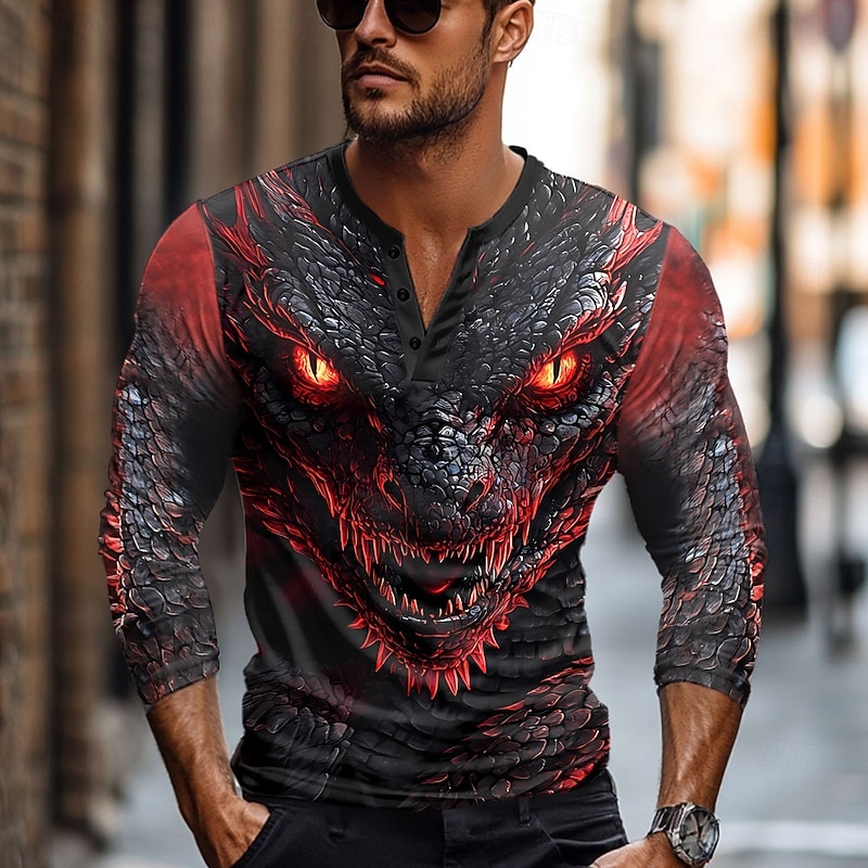 Men's Graphic Dragon Monster Henley Shirt Long Sleeve Fashion Cute Daily Casual Holiday Going out Spring &  Fall Black Henley Henley T-Shirt