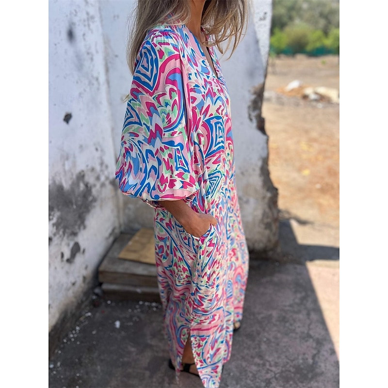 Women's Maxi Dress Casual Dress Boho Chic Dresses Boho Dress Bohemia Cute Stylish Lantern Sleeve Vacation Daily Date Loose Fit Graphic Half Sleeve V Neck Pink Green Summer Spring Fall2