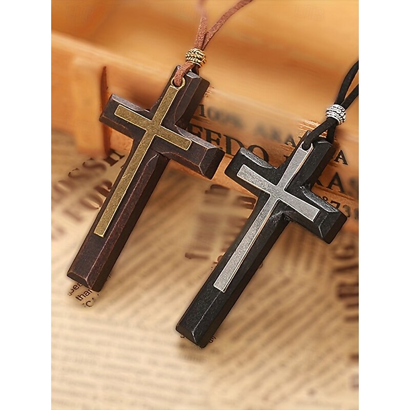 Wooden Cross Pendant Necklace for Men and Women – Vintage Religious Design with Leather Cord, Ideal for Everyday Wear and Spiritual Occasions