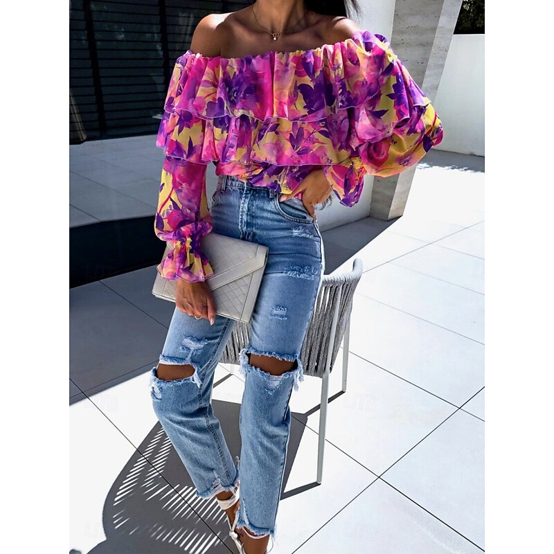 Women's Shirt Blouse Floral Leaf Stylish Casual Long Sleeve Off Shoulder Regular Tops Daily Ruffle Print Yellow Pink Purple Green Summer Spring4