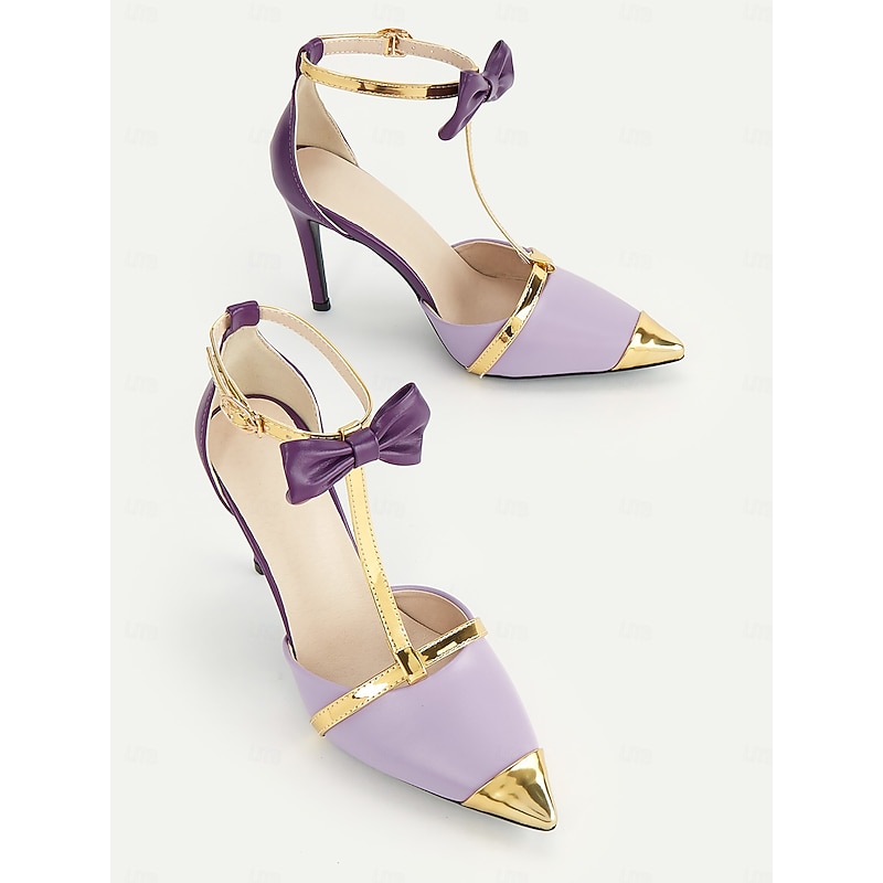 Women's Lavender T-Strap Stiletto Heels with Gold Accents and Bow Details, Elegant Party and Evening Shoes for Special Occasions4