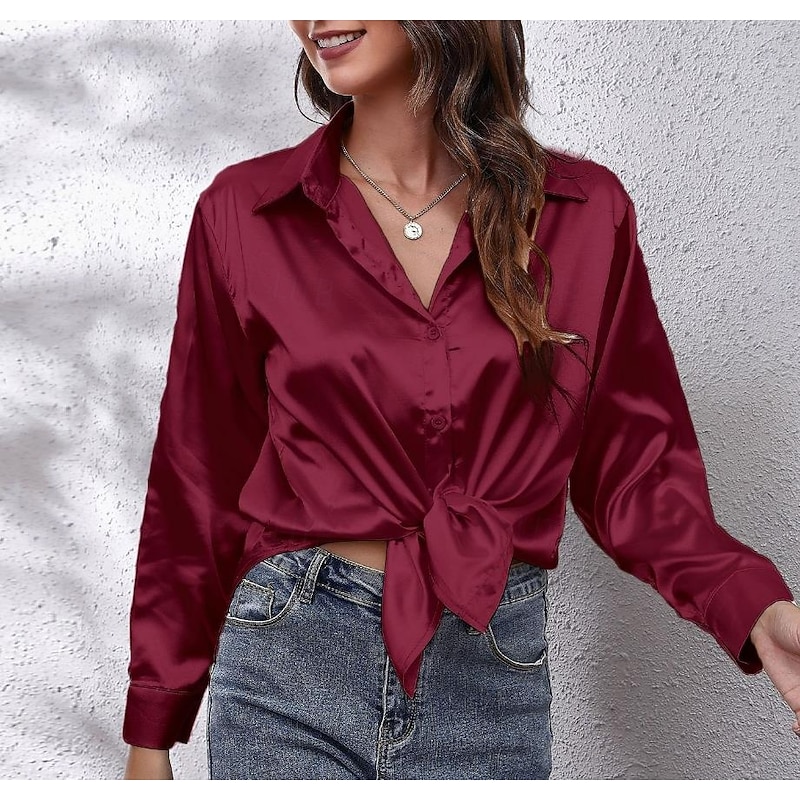 Women's Shirt Elegant Dressy Satin Solid Color Business Modern Casual Long Sleeve Shirt Collar Regular Tops Work Formal Wear Buttons Yellow Pink Wine Blue Green Summer Spring3