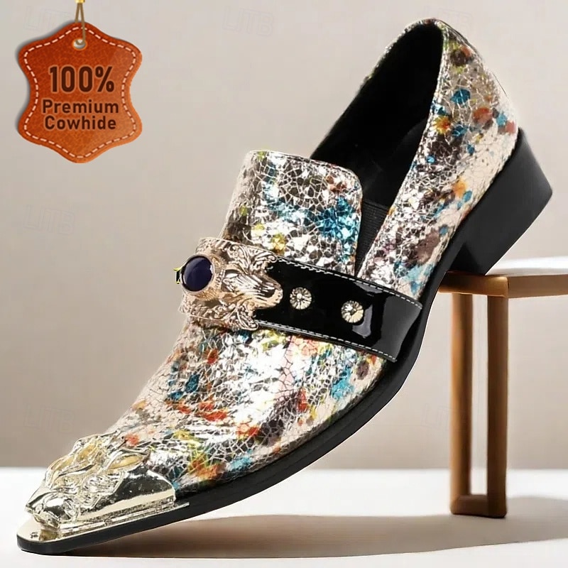 Men's Multicolor Leather Slip-On Dress Shoes with Decorative Metal Toe Cap and Jewel Accent - Premium Cowhide Formal Loafers for Parties and Weddings