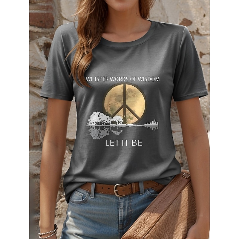 Women's T Shirt Letter Casual Short Sleeve Round Neck Regular Tops Daily Print Gray Summer
