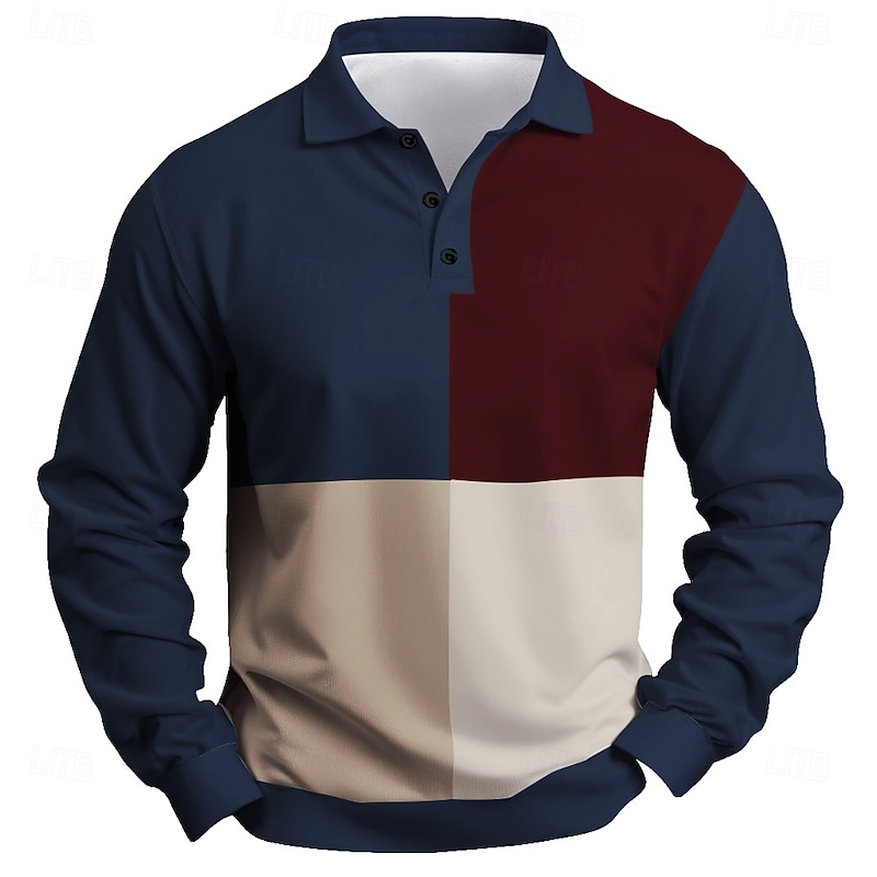 Men's Stripes Rugby Polo Long Sleeve Polo Shirts Collared Shirts Casual Outdoor Athleisure 3D Print Spring Fall Winter Black Brown Dark Blue