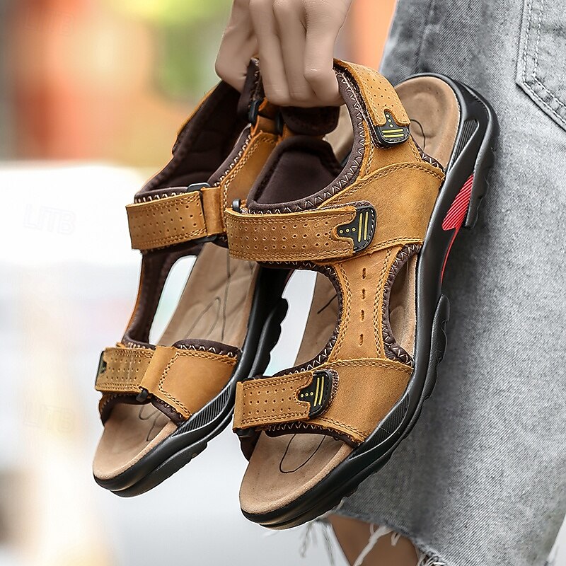 Men's Tan Faux Leather Hiking Sandals - Adjustable Straps, Breathable Design, Anti-Slip Sole, Comfortable Summer Footwear for Trekking and Outdoor Adventures2