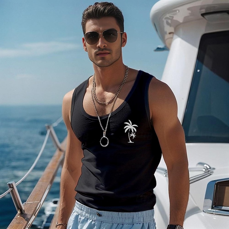 Men's Coconut Palm T Shirt Vest Top Sleeveless T shirt 3D Print Crew Neck Shirt Vacation Casual Hawaiian Holiday Light Blue Black White Summer Spring Clothing Apparel S M L XL XXL XXXL