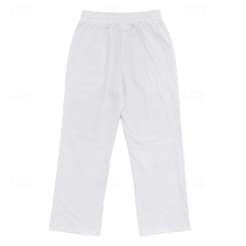 Men's Linen Pants Trousers Summer Pants Beach Pants Gauze Pants Buttons Drawstring Elastic Waist Plain Comfort Breathable Full Length Daily Holiday Beach Vacation Fashion Black White2