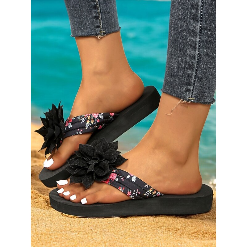 Women's Black Floral Flip Flops with Oversized Flower Decoration - Comfortable Summer Sandals for Beach and Casual Outings3