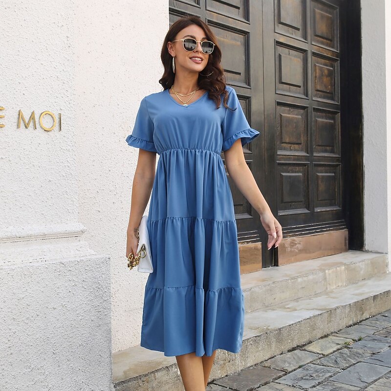 Valentine's Day Women's Normal Midi Dress Swing Dress Boho Chic Dresses Tiered Dress Bohemia Stylish Classic Elbow Sleeve Vacation Party Daily Form Fit Plain Short Sleeve V Neck Black Sky Blue Green4