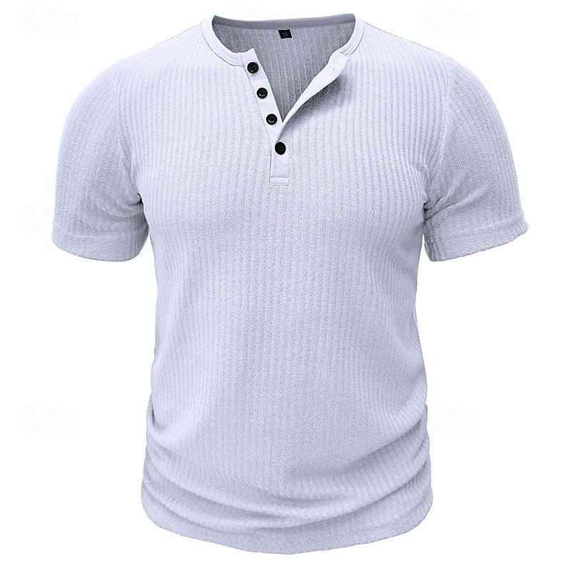 Men's Henley Shirt Muscle Shirt Ribbed Knit tee Tee Top Short Sleeves Plain Fashion Designer Basic Henley Vacation Street Going out Summer Black White Navy Blue Henley T-Shirt2