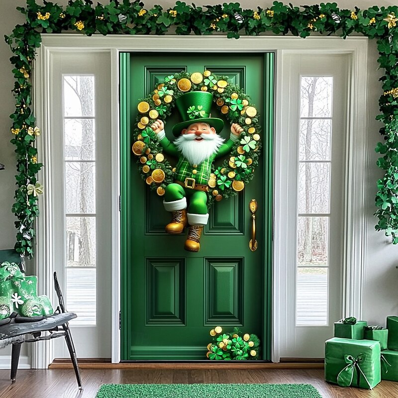 Saint Patrick's Day Door Decorations Door Covers Shamrocks Gnome Faux Wreath Door Tapestry Door Curtain Decoration Backdrop Indoor/Outdoor Door Banner for Front Door Farmhouse4