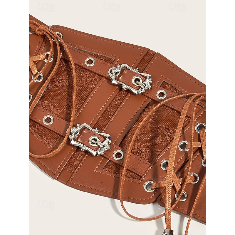 Brown Faux Leather Corset Belt for Women – Adjustable Lace-Up Waist Cincher with Vintage Buckle Design, Perfect for Dresses and Casual Outfits4